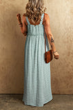 Green Stripe Shirred Frilled High Waist Sleeveless Loose Fit Maxi Dress