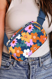 Sail Blue Flower Print Zipper Buckle Wide Strap Sling Bag