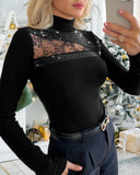 Rhinestone Contrast Lace High Neck Slim Fit Cutout Long Sleeve Tee Elegant Top