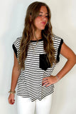 Black Stripe Chest Pocket Patch Round Neck Tank Top