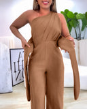 Asymmetrical Neck Sleeveless Ruched Overalls Tied Detail Elastic Waist Jumpsuit