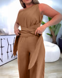 Asymmetrical Neck Sleeveless Ruched Overalls Tied Detail Elastic Waist Jumpsuit