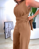 Asymmetrical Neck Sleeveless Ruched Overalls Tied Detail Elastic Waist Jumpsuit