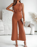 One Shoulder Sleeveless Ruched Cinched Waist Zipper Side Overalls Tied Detail Elastic Waist Wide Leg Jumpsuit