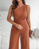 One Shoulder Sleeveless Ruched Cinched Waist Zipper Side Overalls Tied Detail Elastic Waist Wide Leg Jumpsuit
