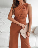 One Shoulder Sleeveless Ruched Cinched Waist Zipper Side Overalls Tied Detail Elastic Waist Wide Leg Jumpsuit