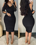 Rhinestone Decor Cold Shoulder Ruched Bodycon Dress