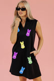 Black Sequin Bunny Doll Graphic Collared Sleeveless Mini Dress