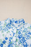 Sky Blue Floral Print Ruffle Sleeve Frilly Button Up Shirt