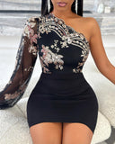 Glitter One Shoulder Long Sleeve Bodycon Dress Sheer Mesh Patchwork Ruched Mini Dress