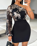 Glitter One Shoulder Long Sleeve Bodycon Dress Sheer Mesh Patchwork Ruched Mini Dress