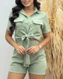 2 Pieces Outfit Tied Detail Short Sleeve Blouse and Casual Strechy Waist Shorts Set