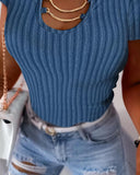 Asymmetrical Neck Chain Decor Ribbed T Shirt