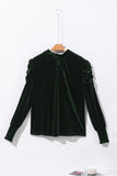 Blackish Green Mock Neck Puff Sleeve Velvet Blouse