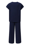 Navy Blue Solid Color Textured Short Sleeve Top and Casual Pants Set