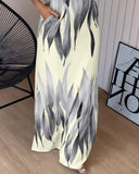 Plants Print Thick Strap Dress Casual Slim Fit Slit Maxi Dress with Pockets