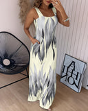 Plants Print Thick Strap Dress Casual Slim Fit Slit Maxi Dress with Pockets