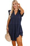 Navy Blue Collared V Neck Flutter Sleeve Tiered Plus Size Dress