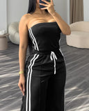 Stripe Print Bandeau Sleeveless Drawstring Slit Wide Leg Jumpsuit Casual Overalls