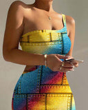 Denim Look Print Rainbow Ombre Cutout Bodycon Dress