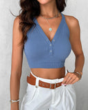 Seamless Buttoned V Neck Sleeveless Rib Knit Crop Top