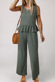 Duffel Green Solid Color Ribbed Ruffle Tank Top and Pants Set