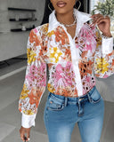 Tie Dye Print Turn down Collar Long Sleeve Button Front Shirt Casual Hollow out Top