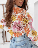 Tie Dye Print Turn down Collar Long Sleeve Button Front Shirt Casual Hollow out Top