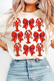 White Crawfish Bow Printed Casual T Shirt