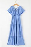 Sky Blue Textured V Neck Flutter Sleeve Ruffled Maxi Dress