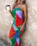 Colorblock Tie Dye Print Pleated Cami Maxi Dress