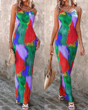 Colorblock Tie Dye Print Pleated Cami Maxi Dress