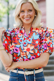 Brown Flower Print Self Tie Frilled Collar Puff Sleeve Blouse