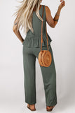 Duffel Green Solid Color Ribbed Ruffle Tank Top and Pants Set