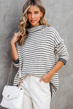 Gray Striped Turtleneck Loose Sweater