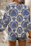 Blue Plus Size Ethnic Printed 3/4 Sleeve V Neck Loose Blouse