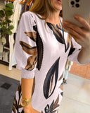 Plants Print Round Neck Half Sleeve Midi Dress
