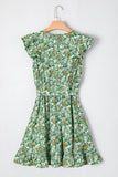 Green Flower Print Flutter Sleeve V Neck Sashed Ruffled Mini Dress