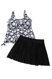 Black Plus Size Printed Square Neck Drawstring Ruffled Tankini Set