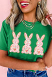 Bright Green Easter Floral Rabbit Print Crew Neck T Shirt