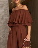 Off the Shoulder Layered Trim Waist Jumpsuit Casual Wide Leg Romper
