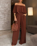 Off the Shoulder Layered Trim Waist Jumpsuit Casual Wide Leg Romper