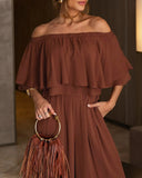 Off the Shoulder Layered Trim Waist Jumpsuit Casual Wide Leg Romper