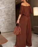 Off the Shoulder Layered Trim Waist Jumpsuit Casual Wide Leg Romper