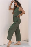 Vineyard Green Buttoned Drawstring Waist Sleeveless Wide Leg Jumpsuit