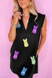 Black Sequin Bunny Doll Graphic Collared Sleeveless Mini Dress