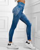 Denim Look Print High Waist Sports Leggings