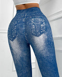 Denim Look Print High Waist Sports Leggings