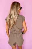 Dark Khaki Textured Short Sleeve Half Zip Drawstring Waist Romper