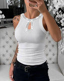 Rhinestone Contrast Sequin Keyhole Neck Sleeveless Slim Fit Elasticity Ribbed Top Elegant Tank